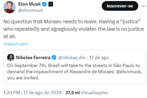 Nikolas fez convite a Elon Musk para participar do 7 de setembro de 2024, no Brasil. Foto: print/X